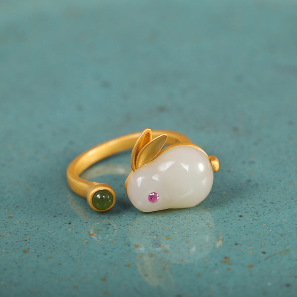 Elegant Jade Rabbit Ring with Gold Accents