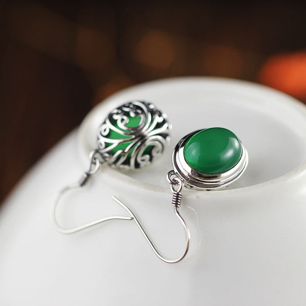 Elegant Sterling Silver Green Agate Filigree Earrings