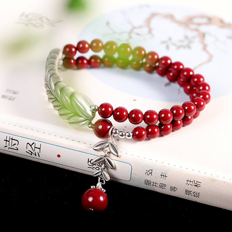 Green and Red Sandalwood Beaded Bracelet with Lotus Charm -  Edition