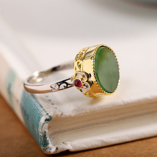 Jade Inlaid Gold & Silver Ring for Women