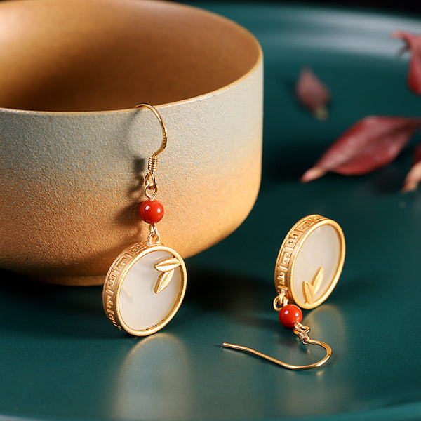 Gold-Plated Jade Leaf Earrings with Coral Beads