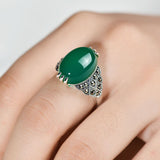 Vintage Green Agate Silver Ring for Women