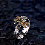 Golden Dragonfly on Sterling Silver Feather Ring