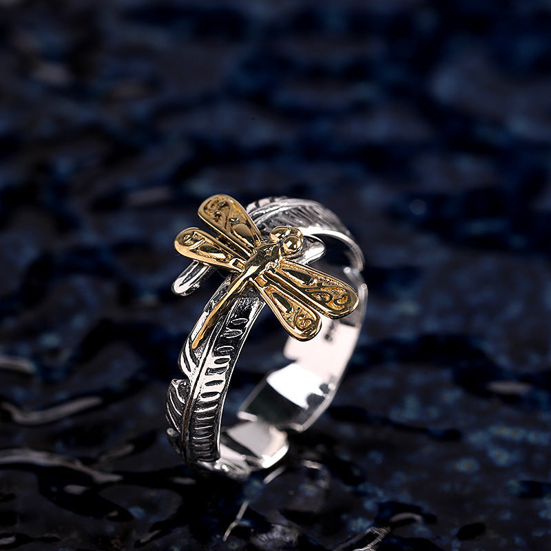 Golden Dragonfly on Sterling Silver Feather Ring