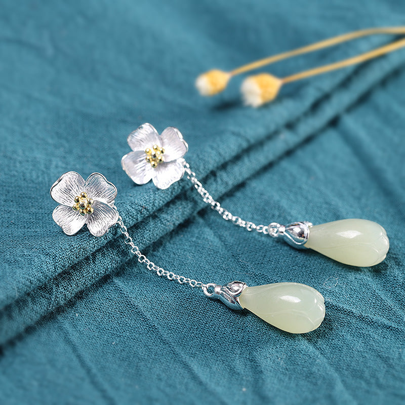 Silver Floral Jade Drop Earrings - Handmade Elegance