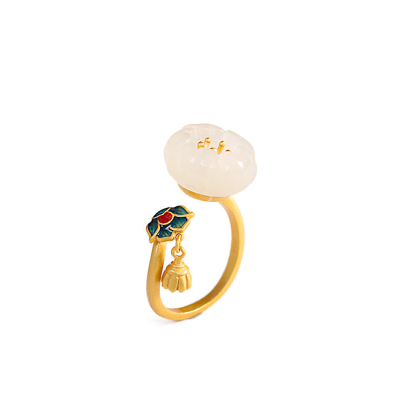 Gold-Plated Jade Lotus Flower Ring for Women
