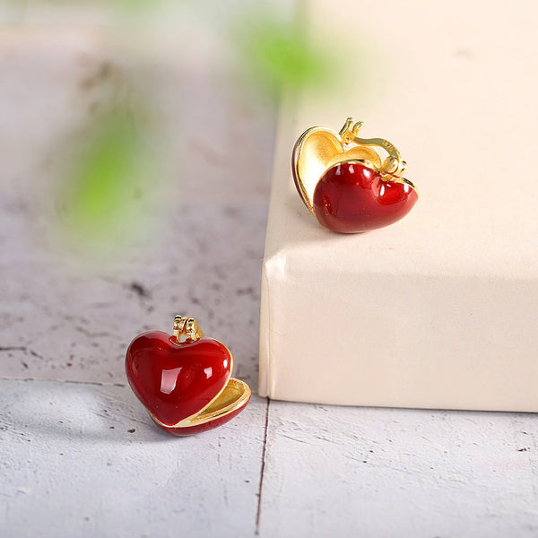 Golden Red Heart Enamel Earrings - Elegant Women? Accessory