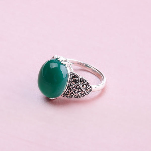 Vintage Green Agate Silver Ring for Women