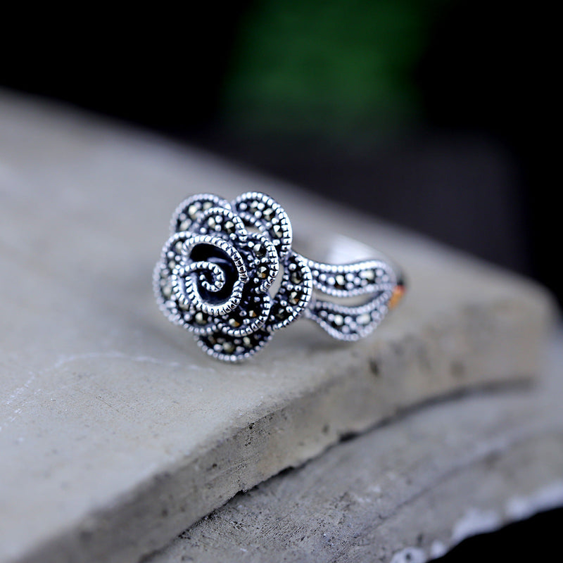 925 Silver Rose Marcasite Ring - Women's Elegant Gift