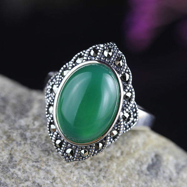 Vintage Green Jade Ring in Sterling Silver