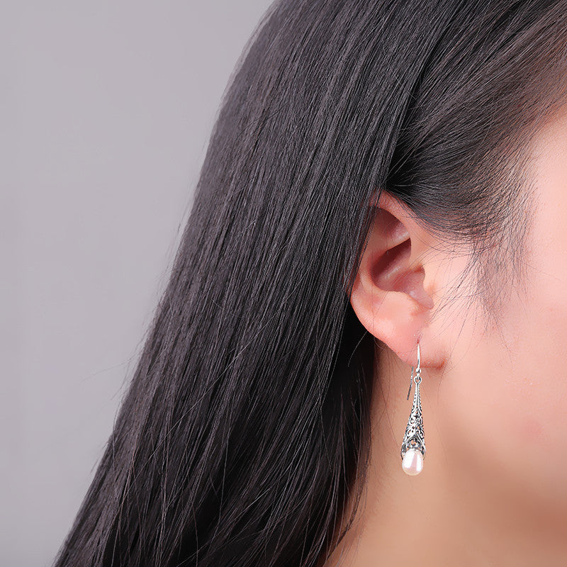 Ornate Pearl Drops: Vintage S925 Earrings for Women