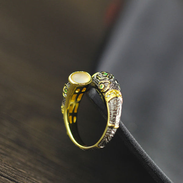 Gold-Plated Silver Emerald Dual Dragon Women's Ring