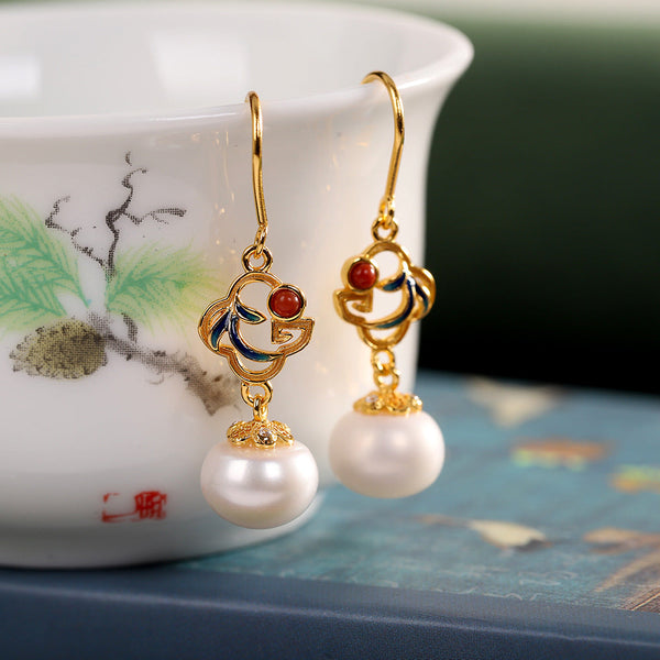 Gold-Plated Enamel Pearl Drop Earrings - Elegant Charm