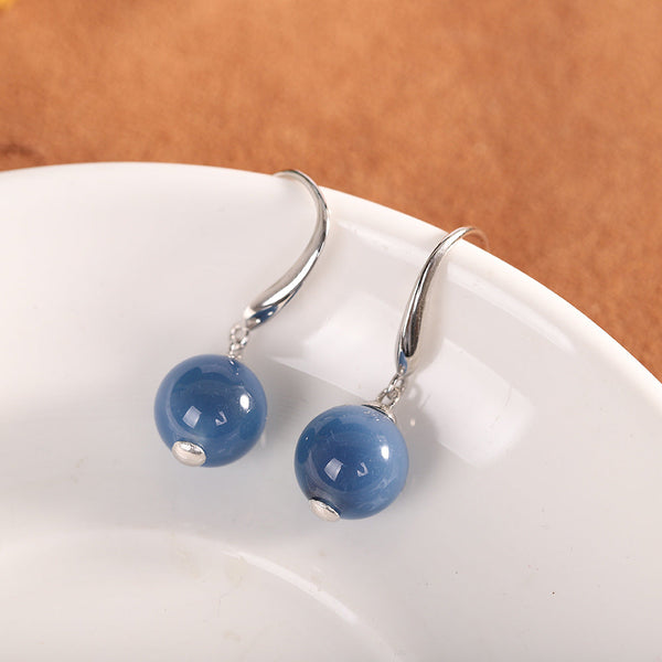 Sterling Silver Blue Jade Orb Earrings - Elegant