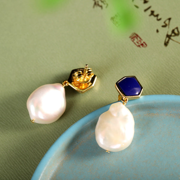 Baroque Pearl & Lapis Lazuli Drop Earrings - Elegant Women's Jewelry