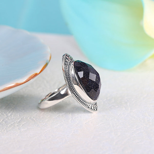 Vintage Silver Blue Sandstone Ring for Women