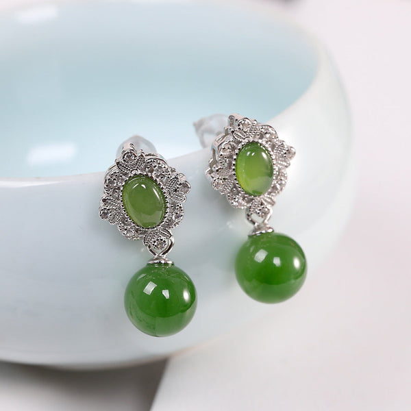 Vintage Sterling Silver Jade Drop Earrings for Women