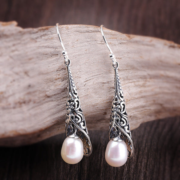 Ornate Pearl Drops: Vintage S925 Earrings for Women