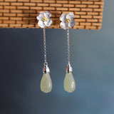 Silver Floral Jade Drop Earrings - Handmade Elegance