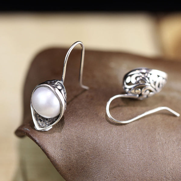 Elegant 925 Silver Filigree Pearl Hook Earrings