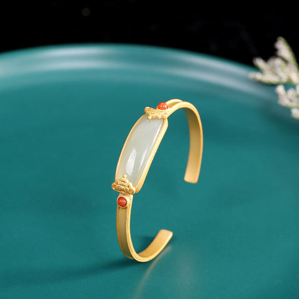 Gold Jade Cuff Bracelet with Coral Accents