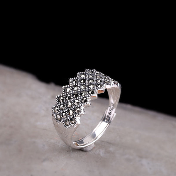 Vintage-Inspired S925 Silver Marcasite Geometric Ring