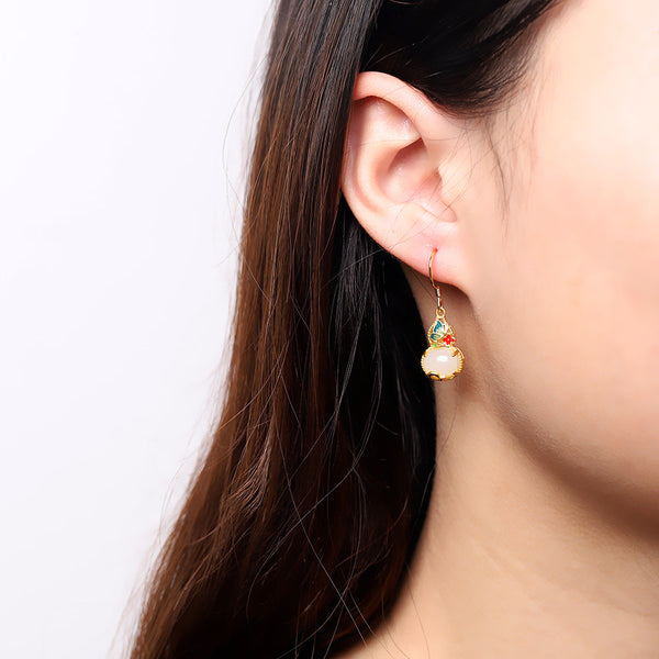 Gold-Plated Jade Earrings with Enamel Inlay - Elegant Women's Accessory