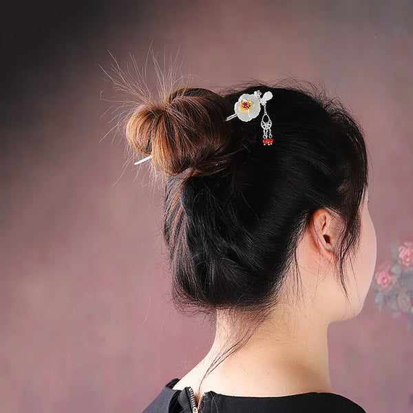 Elegant Jade Lotus Silver Hairpin for Women