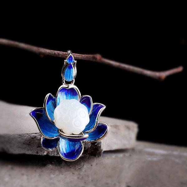 Elegant Blue Lotus Sterling Silver Pendant Necklace