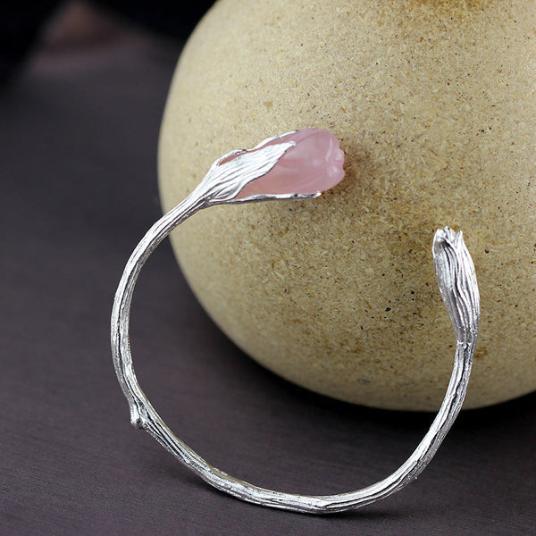 Rose Quartz and Silver Vine Cuff Bracelet