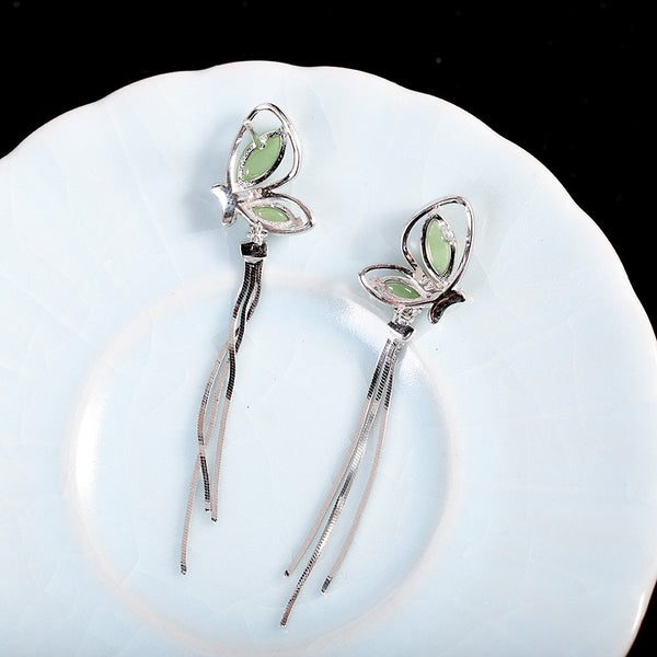 Butterfly Jade Earrings - Elegant Silver Danglers