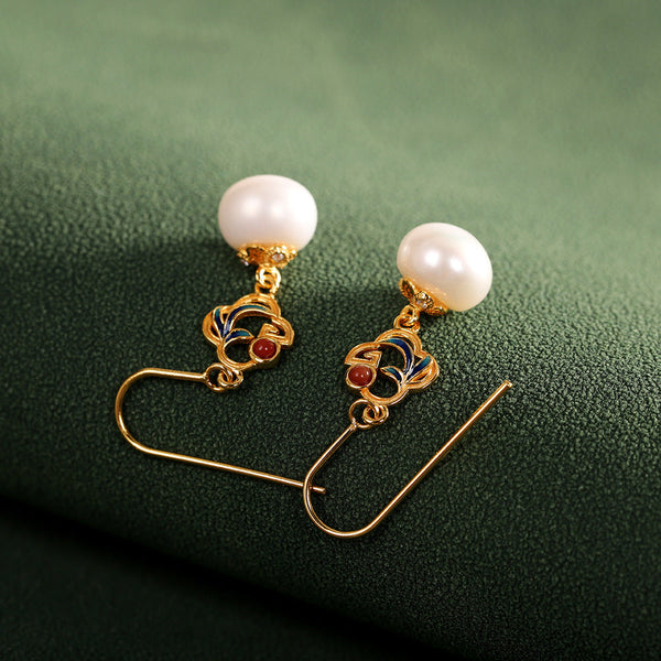 Gold-Plated Enamel Pearl Drop Earrings - Elegant Charm