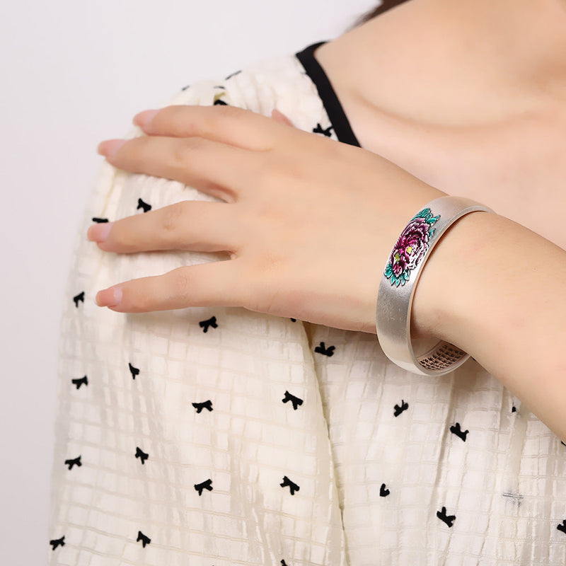 Handcrafted Silver Bracelet with Enamel Peony Design