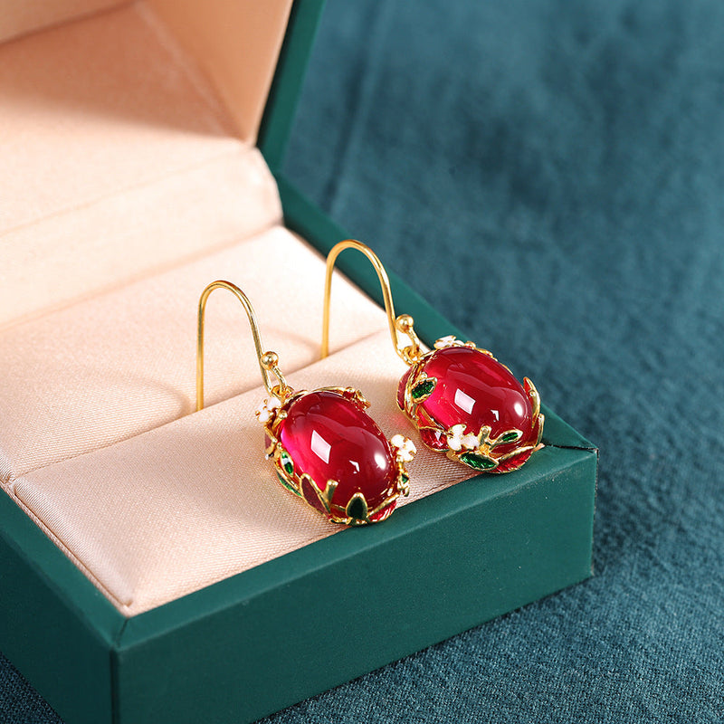 Elegant Gold-Plated Red Jade Floral Jewelry Set