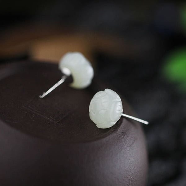 White Jade Lotus Stud Earrings - S925 Silver